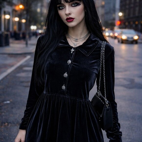 Vintage Coldwater Creek Black Velvet Buttoned Dress M Fairy Goth Wednesday Adams - Picture 1 of 10